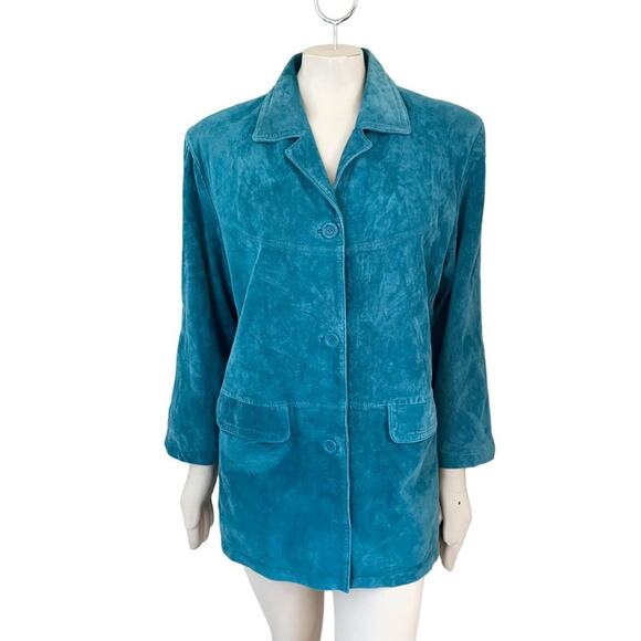 VTG JESSICA HOLBROOK Washable Suede Button Front Blazer Coat in Teal Blue SZ L - Picture 11 of 11